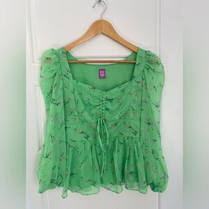 Athena Lime Green XL Floral Blouse Fairy Cottagecore Prairie Peasant